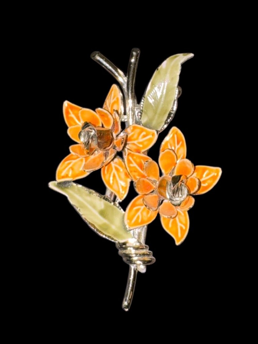 Enamel on Metal Brooch Floral Orange and Silver Tone